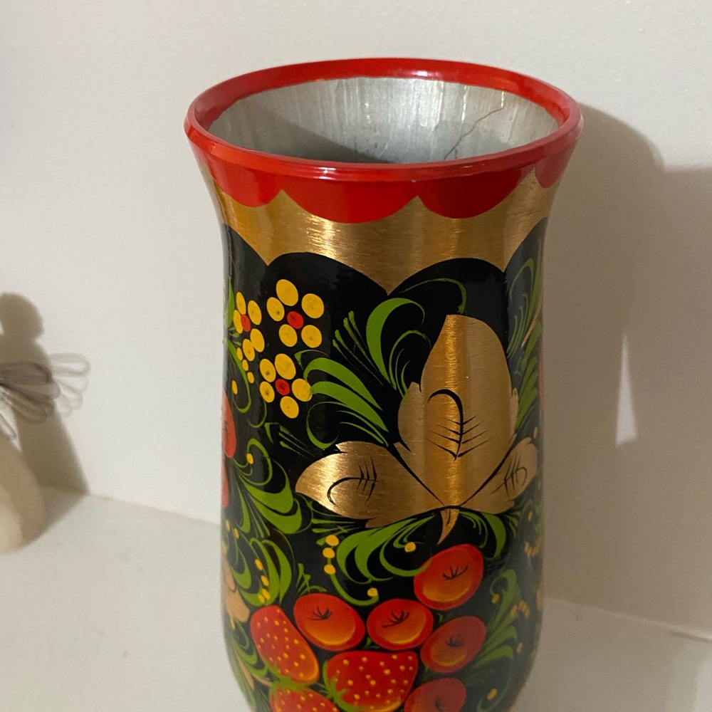 VTg Hand-Painted Floral Vase with Red and Gold Accents Russian Khokhloma